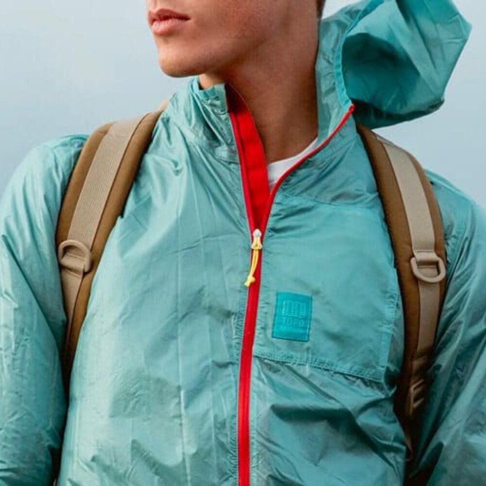 Topo Designs Teal Lightweight Hooded Jacket with Red Trim